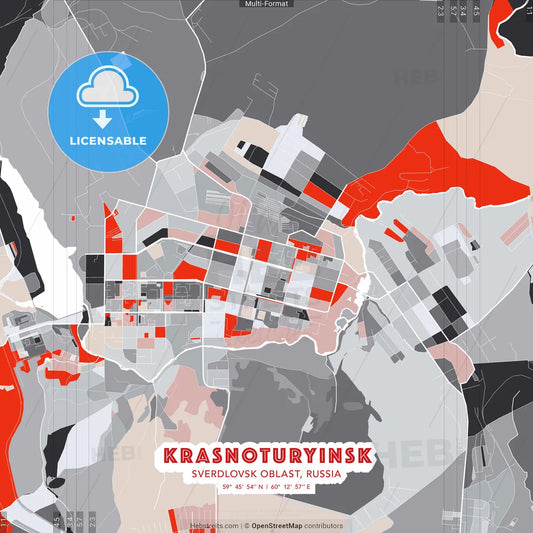 Krasnoturyinsk, Sverdlovsk Oblast, Russia - modern street map poster template with gray and red tones