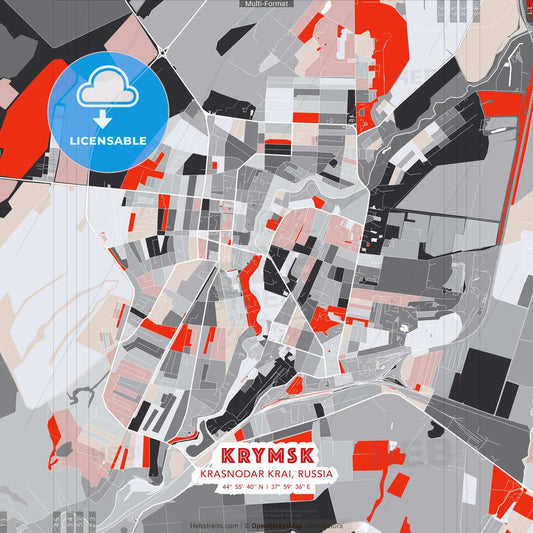 Krymsk, Krasnodar Krai, Russia - modern street map poster template with gray and red tones