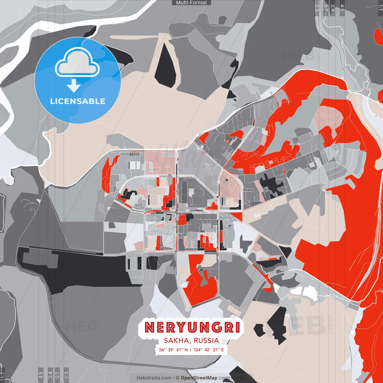 Neryungri, Sakha, Russia - modern street map poster template with gray and red tones