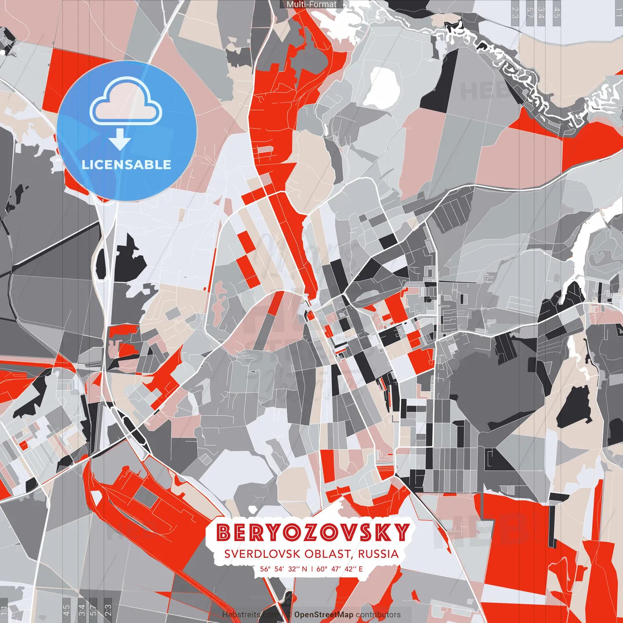 Beryozovsky, Sverdlovsk Oblast, Russia - modern street map poster template with gray and red tones