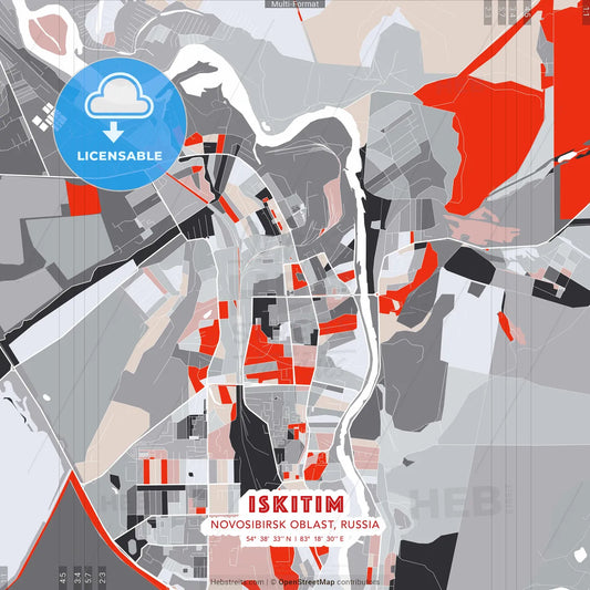 Iskitim, Novosibirsk Oblast, Russia - modern street map poster template with gray and red tones