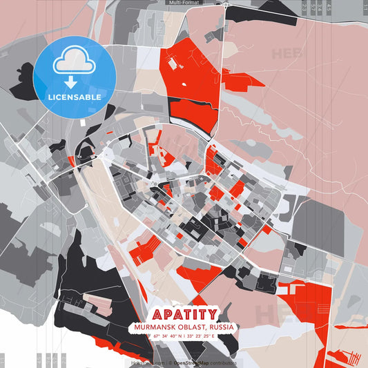 Apatity, Murmansk Oblast, Russia - modern street map poster template with gray and red tones