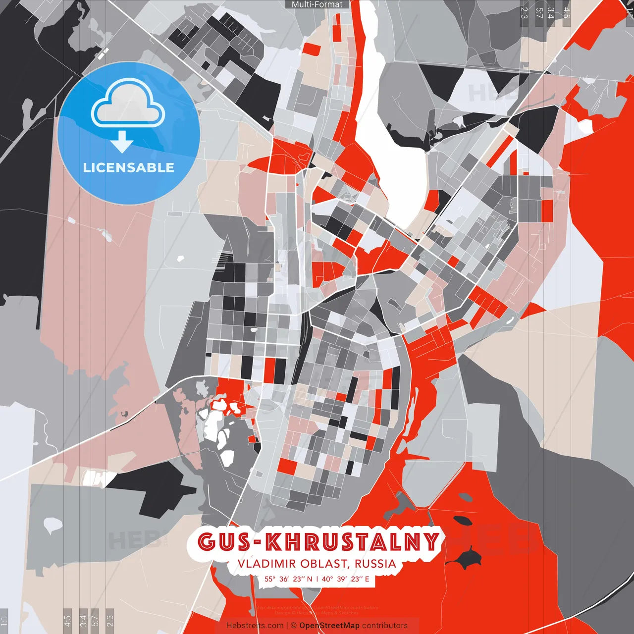 Gus-Khrustalny, Vladimir Oblast, Russia - modern street map poster template with gray and red tones