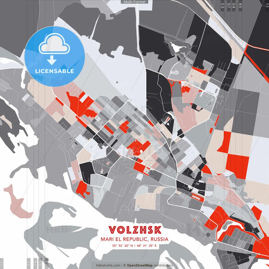 Volzhsk, Mari El Republic, Russia - modern street map poster template with gray and red tones