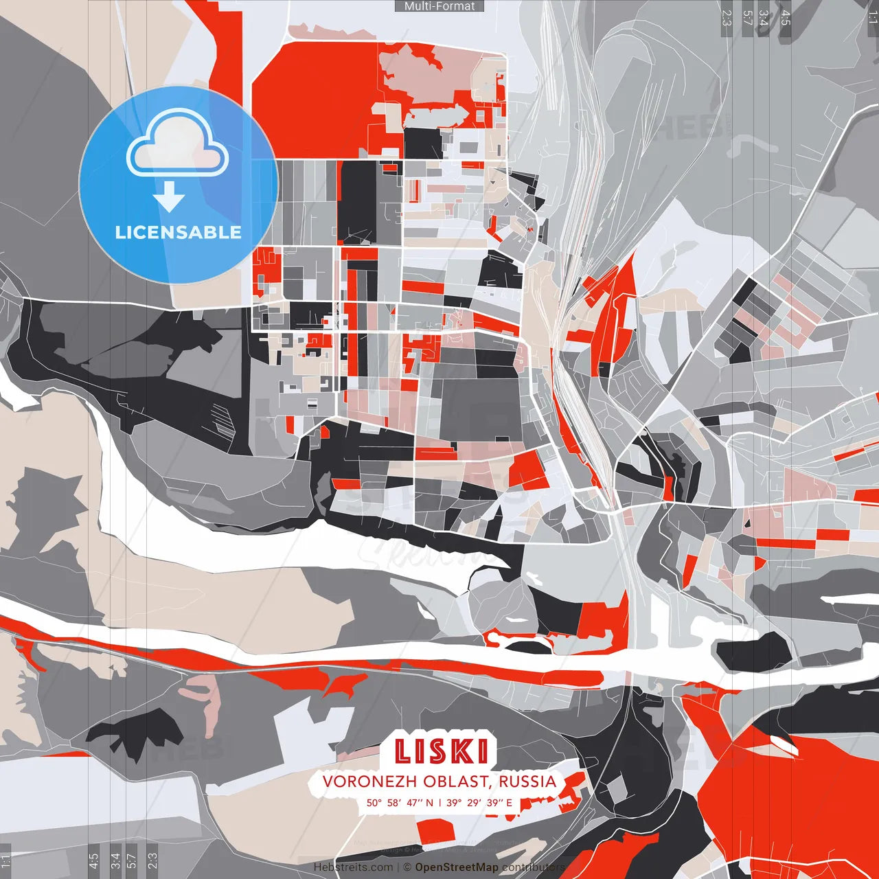 Liski, Voronezh Oblast, Russia - modern street map poster template with gray and red tones