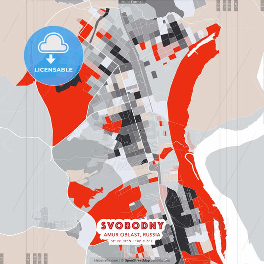 Svobodny, Amur Oblast, Russia - modern street map poster template with gray and red tones