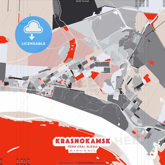 Krasnokamsk, Perm Krai, Russia - modern street map poster template with gray and red tones
