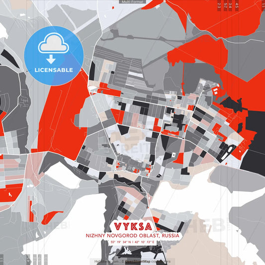 Vyksa, Nizhny Novgorod Oblast, Russia - modern street map poster template with gray and red tones