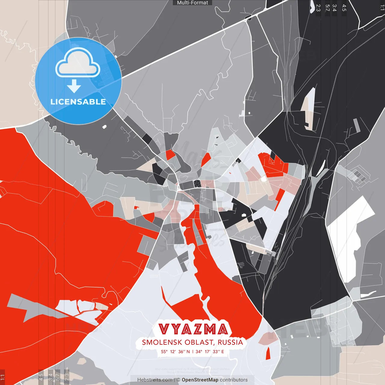 Vyazma, Smolensk Oblast, Russia - modern street map poster template with gray and red tones