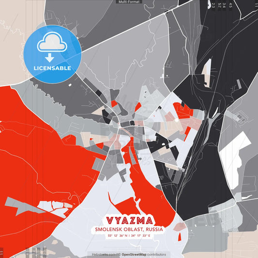 Vyazma, Smolensk Oblast, Russia - modern street map poster template with gray and red tones