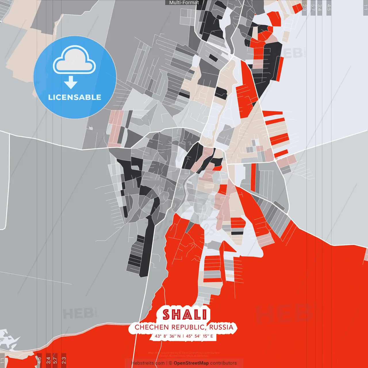 Shali, Chechen Republic, Russia - modern street map poster template with gray and red tones