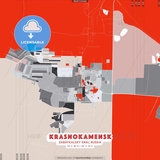 Krasnokamensk, Zabaykalsky Krai, Russia - modern street map poster template with gray and red tones