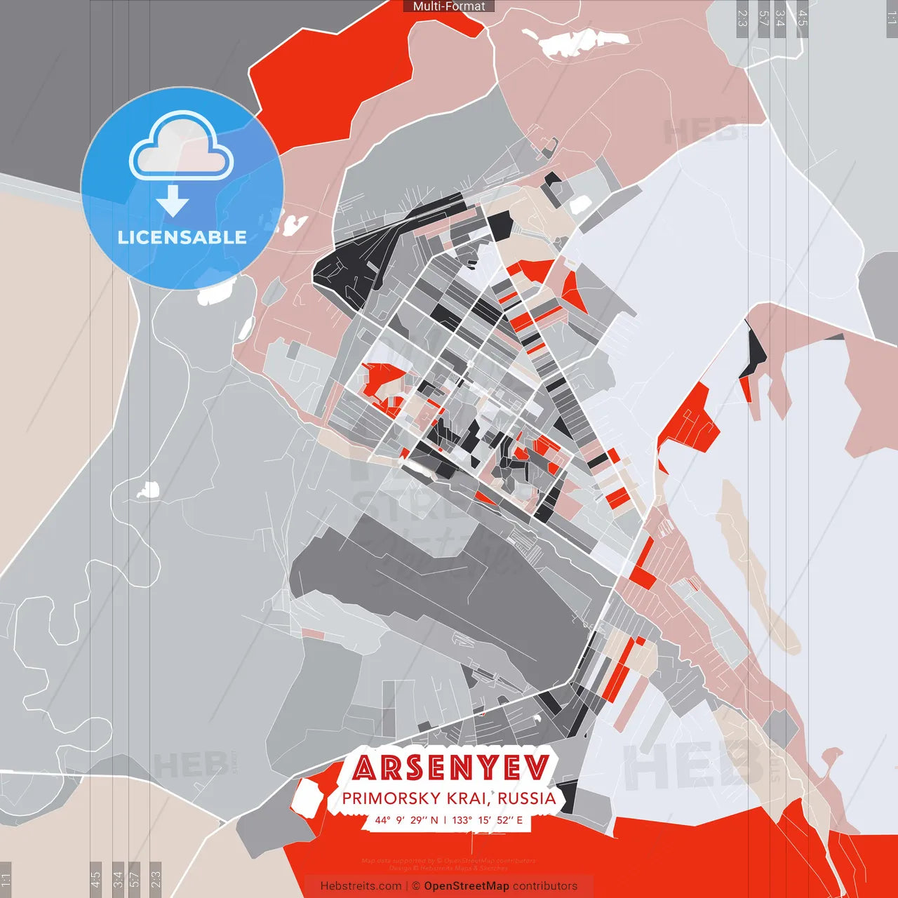 Arsenyev, Primorsky Krai, Russia - modern street map poster template with gray and red tones