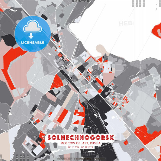 Solnechnogorsk, Moscow Oblast, Russia - modern street map poster template with gray and red tones