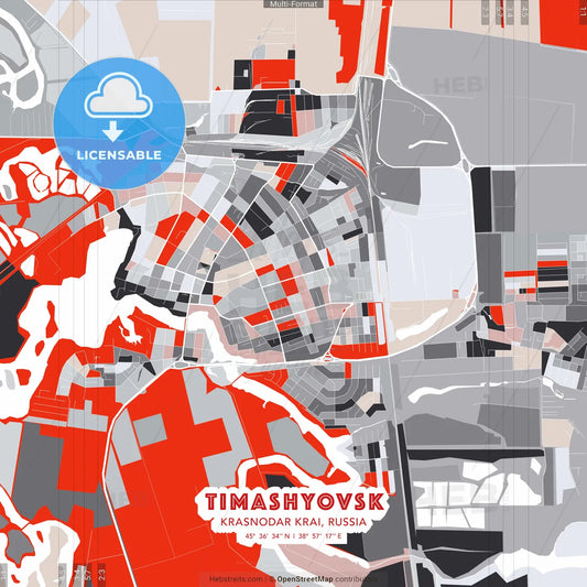 Timashyovsk, Krasnodar Krai, Russia - modern street map poster template with gray and red tones