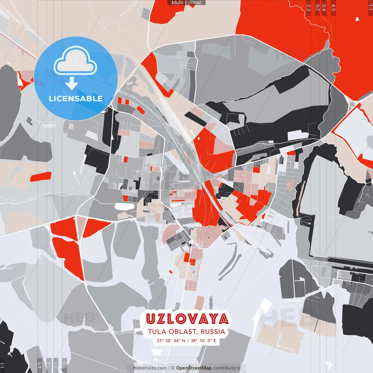Uzlovaya, Tula Oblast, Russia - modern street map poster template with gray and red tones