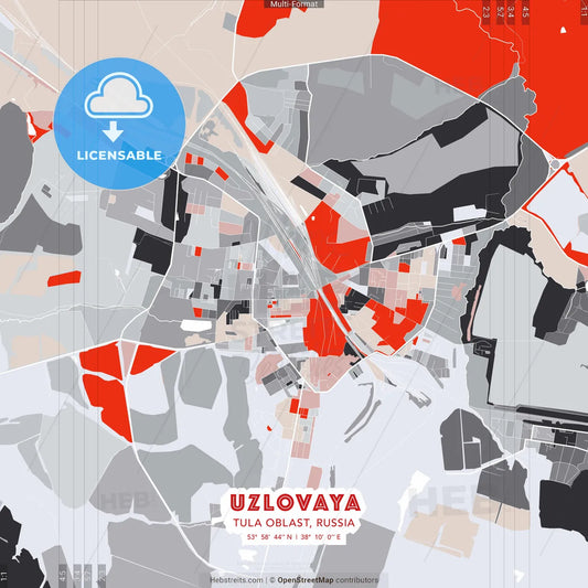 Uzlovaya, Tula Oblast, Russia - modern street map poster template with gray and red tones