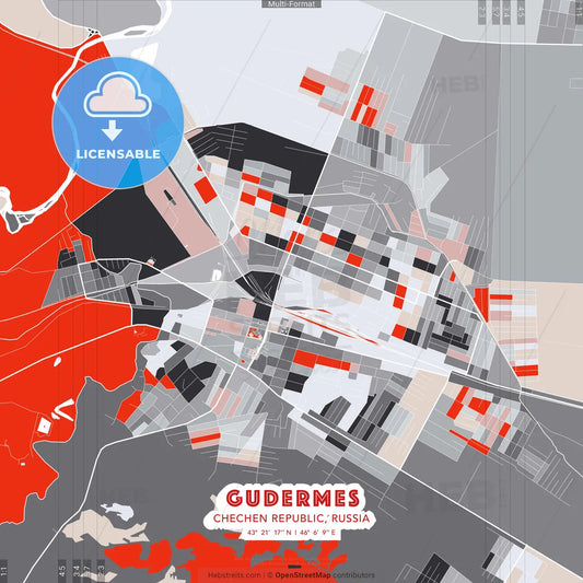 Gudermes, Chechen Republic, Russia - modern street map poster template with gray and red tones