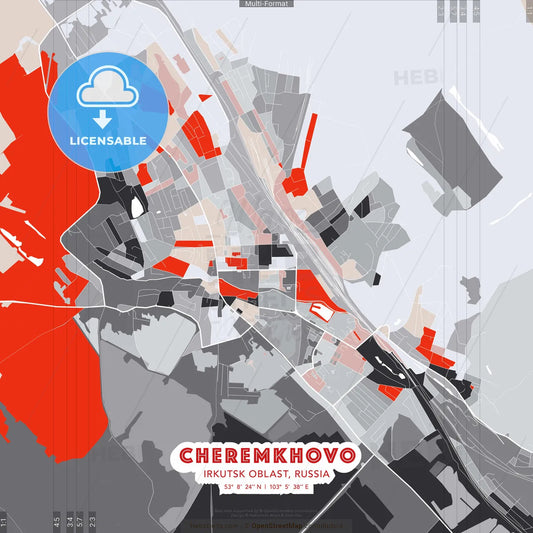 Cheremkhovo, Irkutsk Oblast, Russia - modern street map poster template with gray and red tones