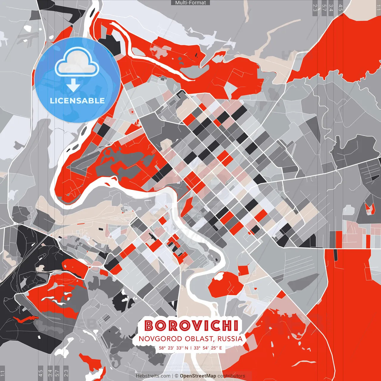 Borovichi, Novgorod Oblast, Russia - modern street map poster template with gray and red tones