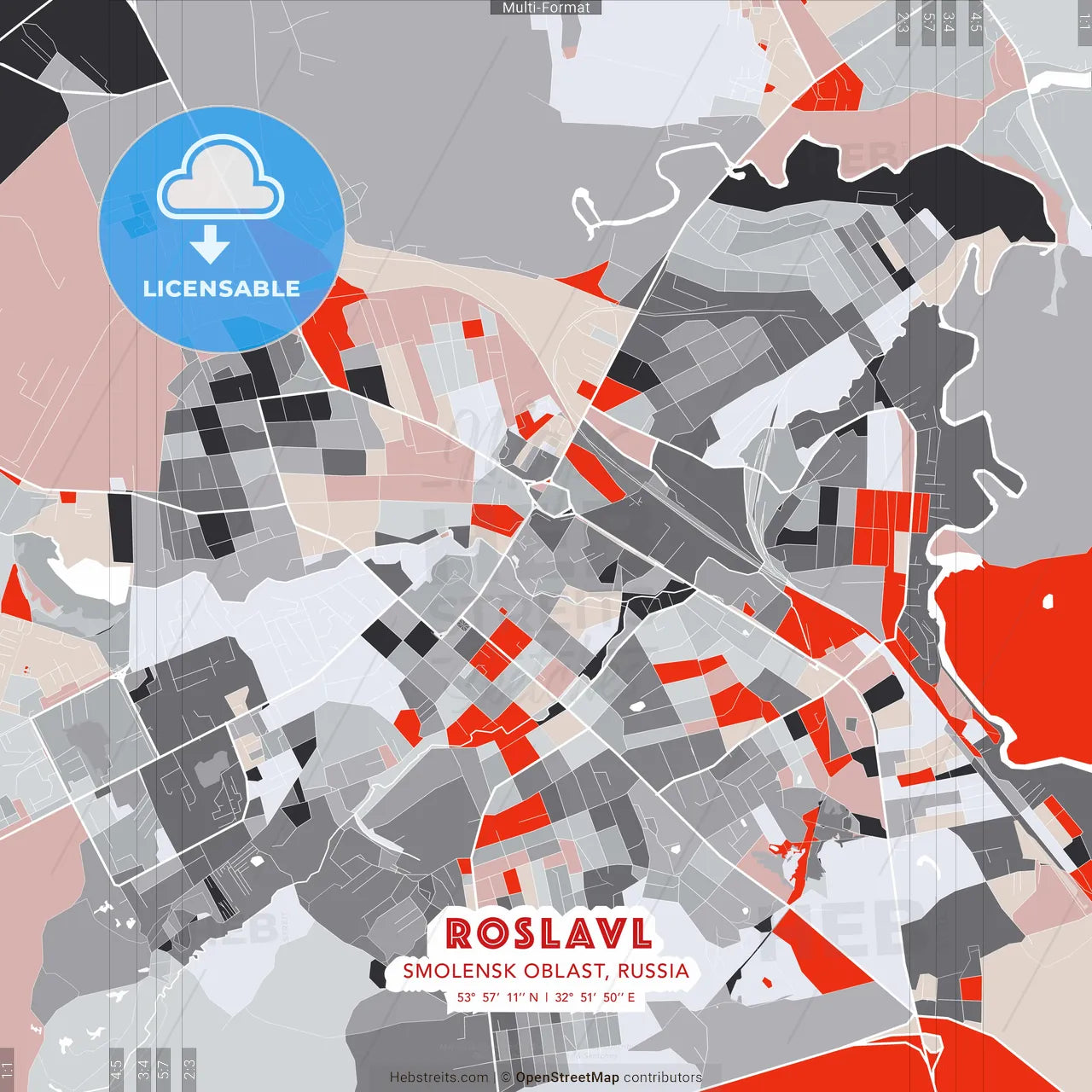 Roslavl, Smolensk Oblast, Russia - modern street map poster template with gray and red tones