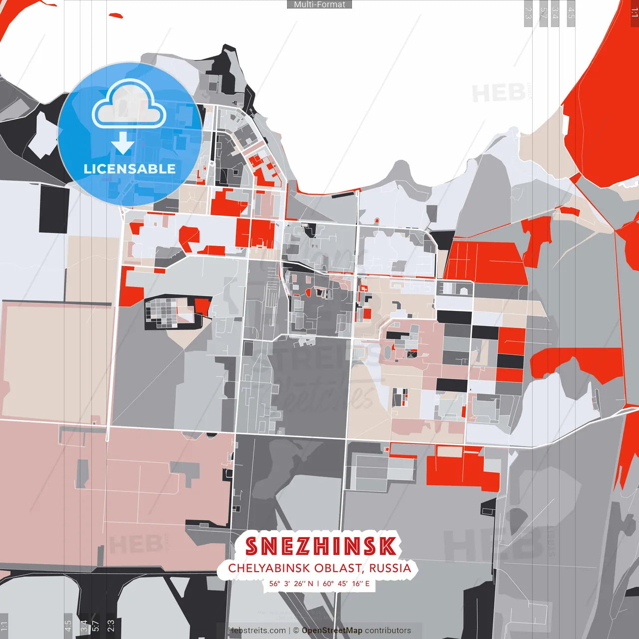 Snezhinsk, Chelyabinsk Oblast, Russia - modern street map poster template with gray and red tones