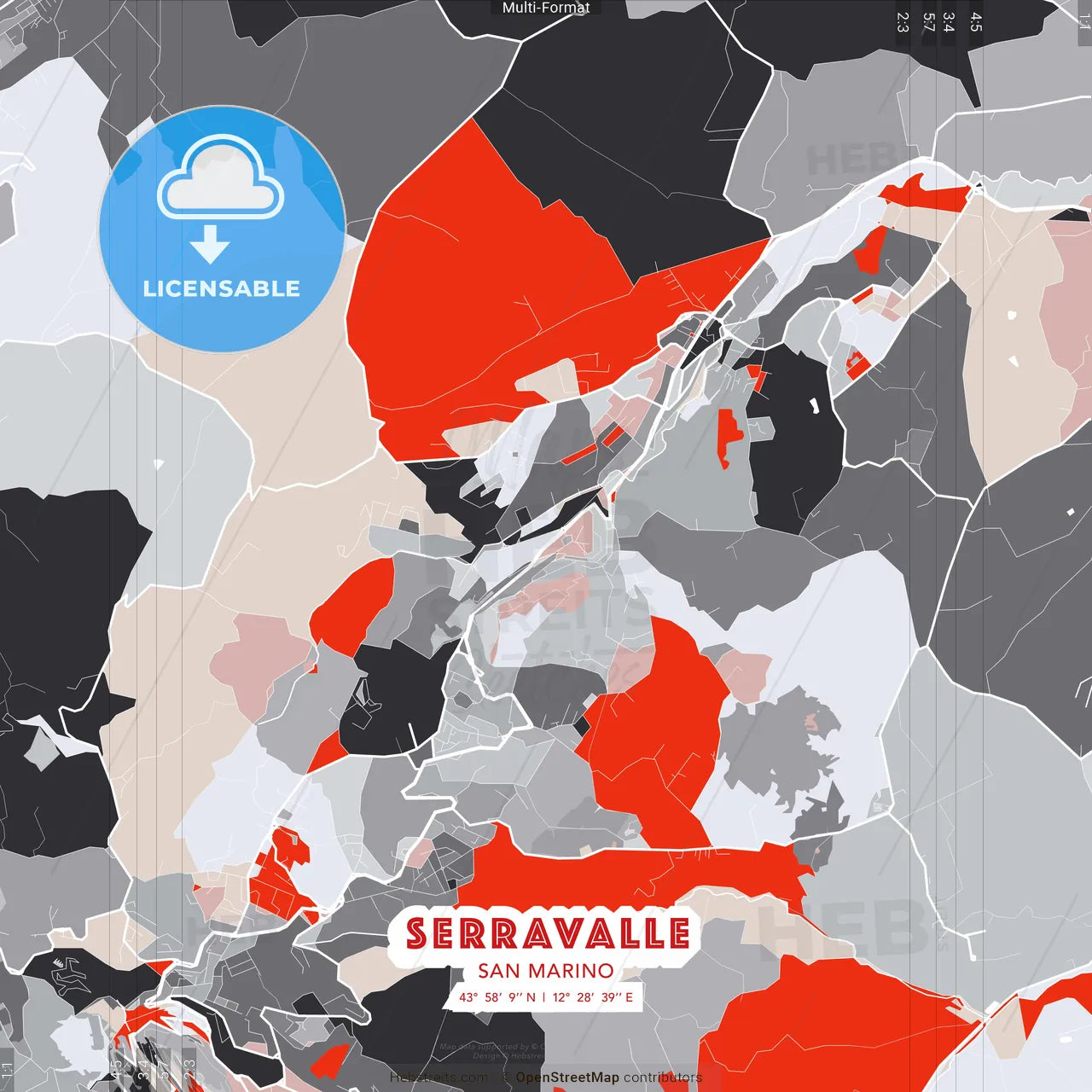 Serravalle, San Marino - modern street map poster template with gray and red tones