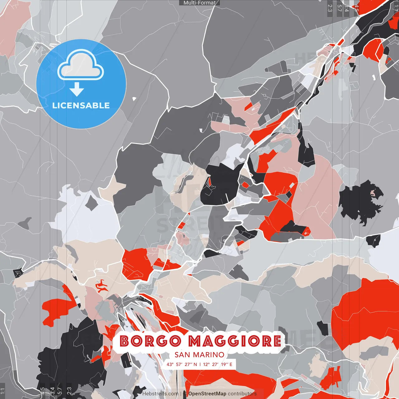 Borgo Maggiore, San Marino - modern street map poster template with gray and red tones