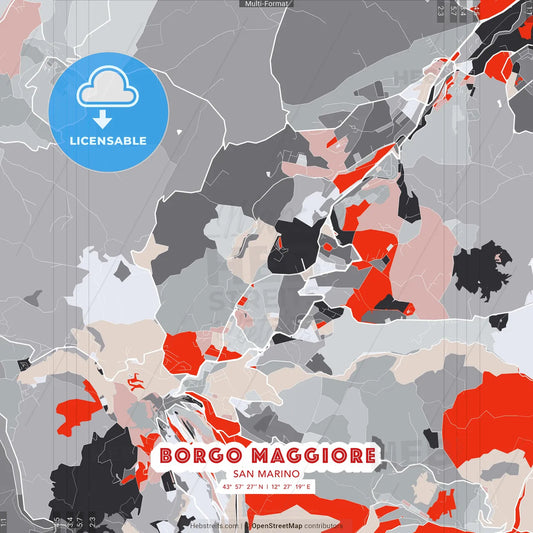 Borgo Maggiore, San Marino - modern street map poster template with gray and red tones