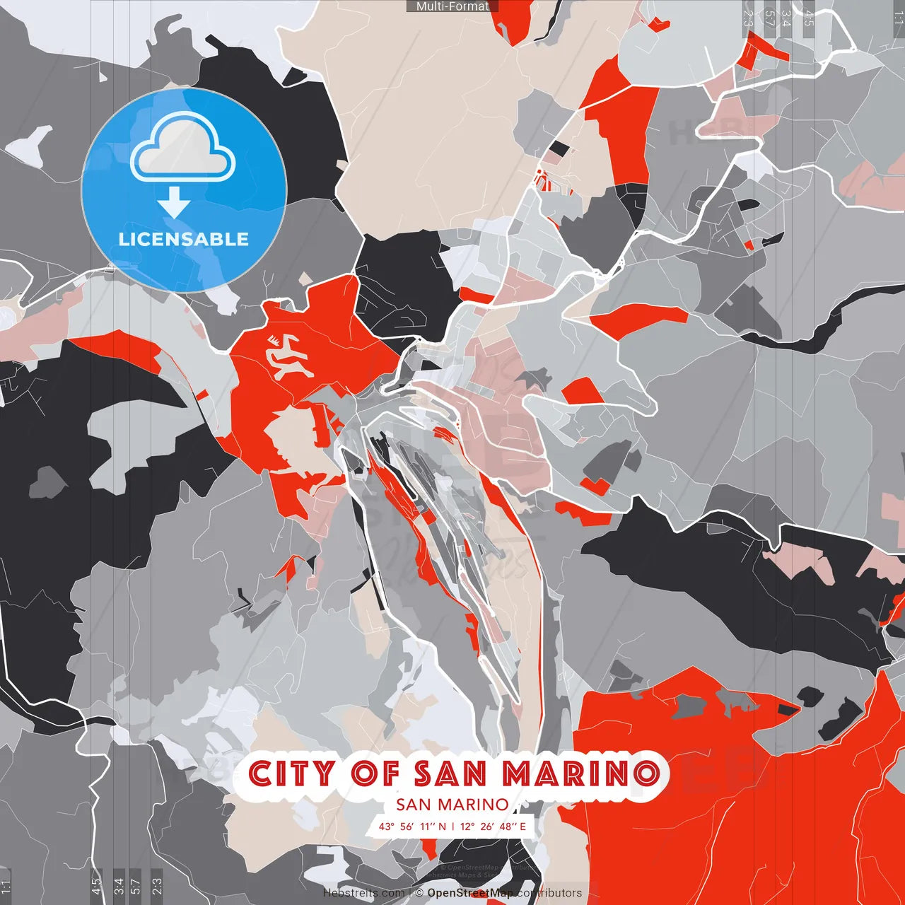 City of San Marino, San Marino - modern street map poster template with gray and red tones
