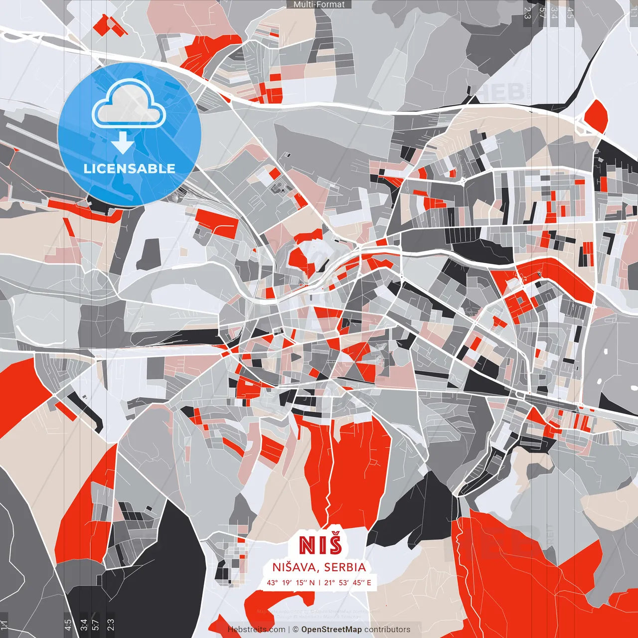 Niš, Nišava, Serbia - modern street map poster template with gray and red tones
