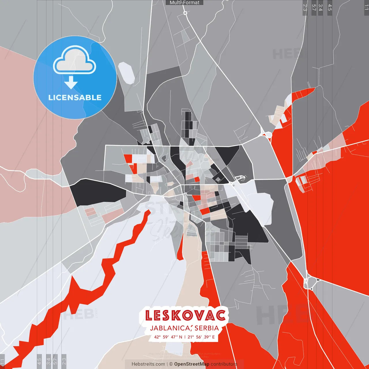 Leskovac, Jablanica, Serbia - modern street map poster template with gray and red tones