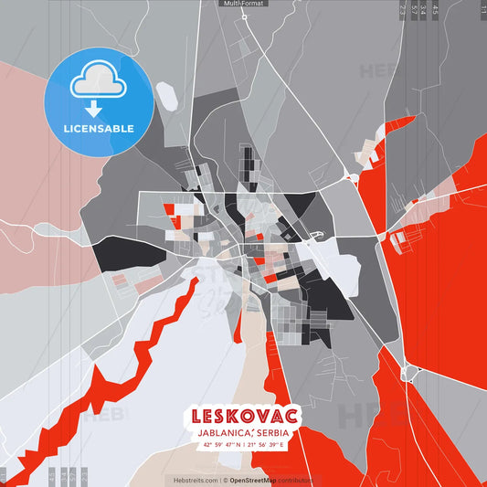 Leskovac, Jablanica, Serbia - modern street map poster template with gray and red tones