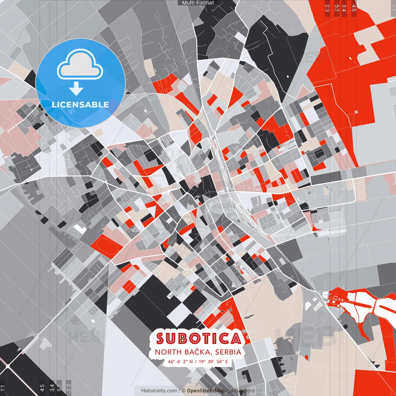 Subotica, North Bačka, Serbia - modern street map poster template with gray and red tones