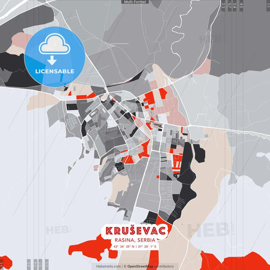 Kruševac, Rasina, Serbia - modern street map poster template with gray and red tones