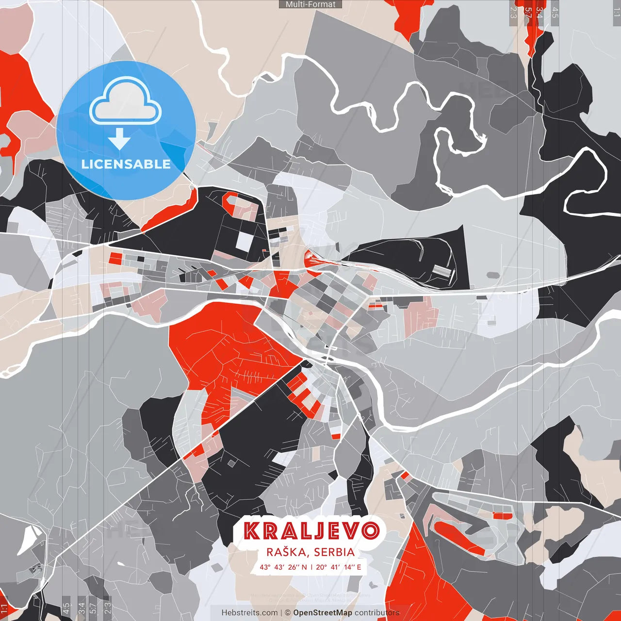 Kraljevo, Raška, Serbia - modern street map poster template with gray and red tones