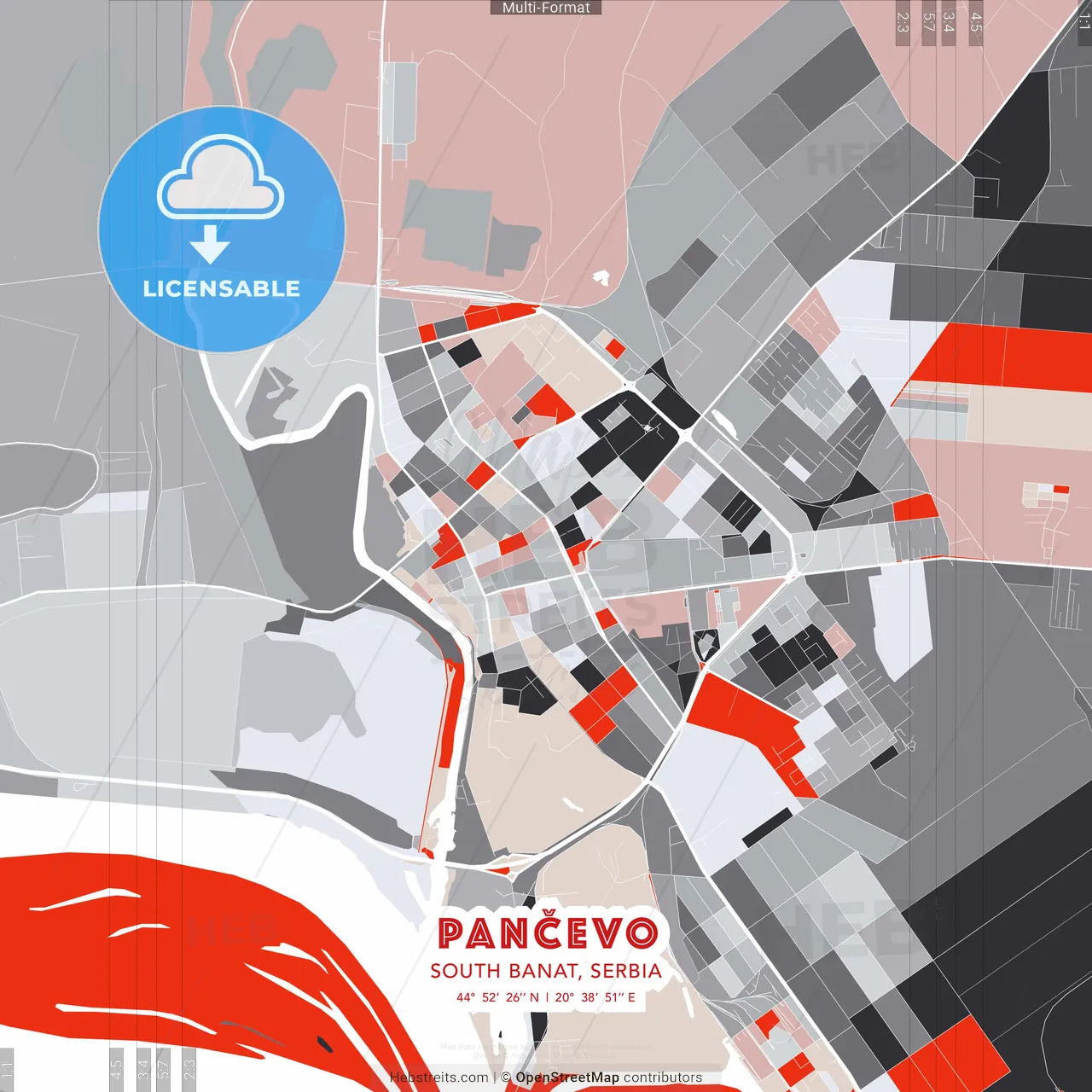 Pančevo, South Banat, Serbia - modern street map poster template with gray and red tones