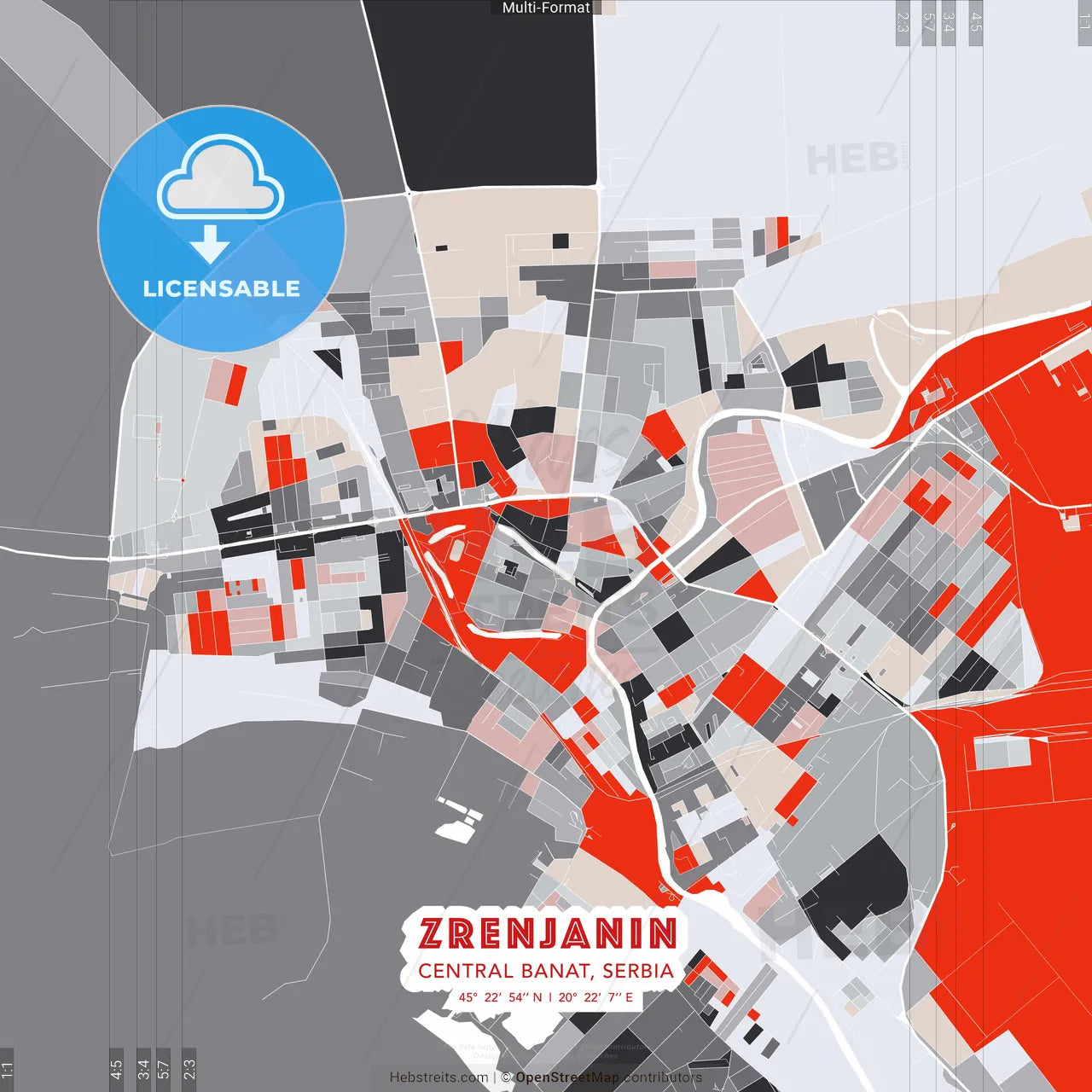 Zrenjanin, Central Banat, Serbia - modern street map poster template with gray and red tones