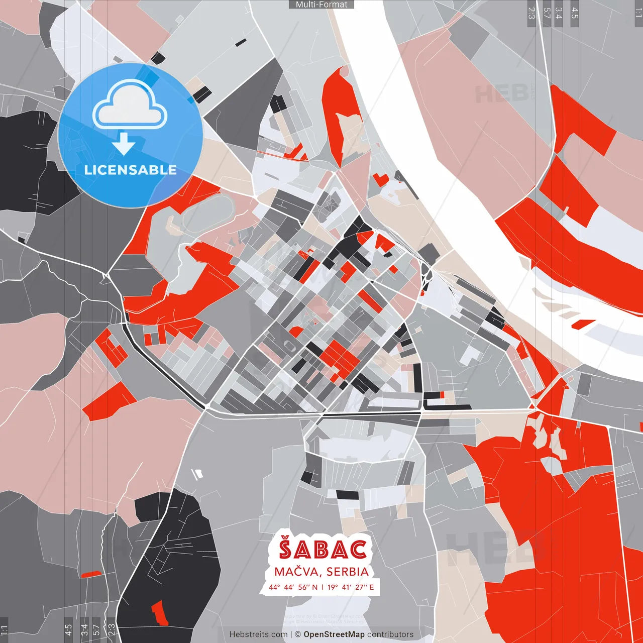 Šabac, Mačva, Serbia - modern street map poster template with gray and red tones