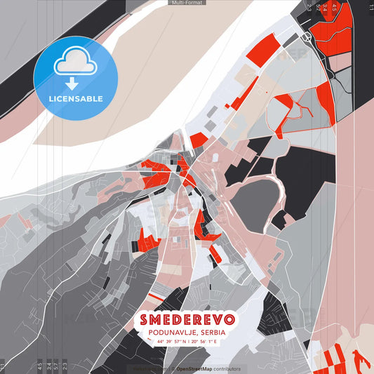 Smederevo, Podunavlje, Serbia - modern street map poster template with gray and red tones