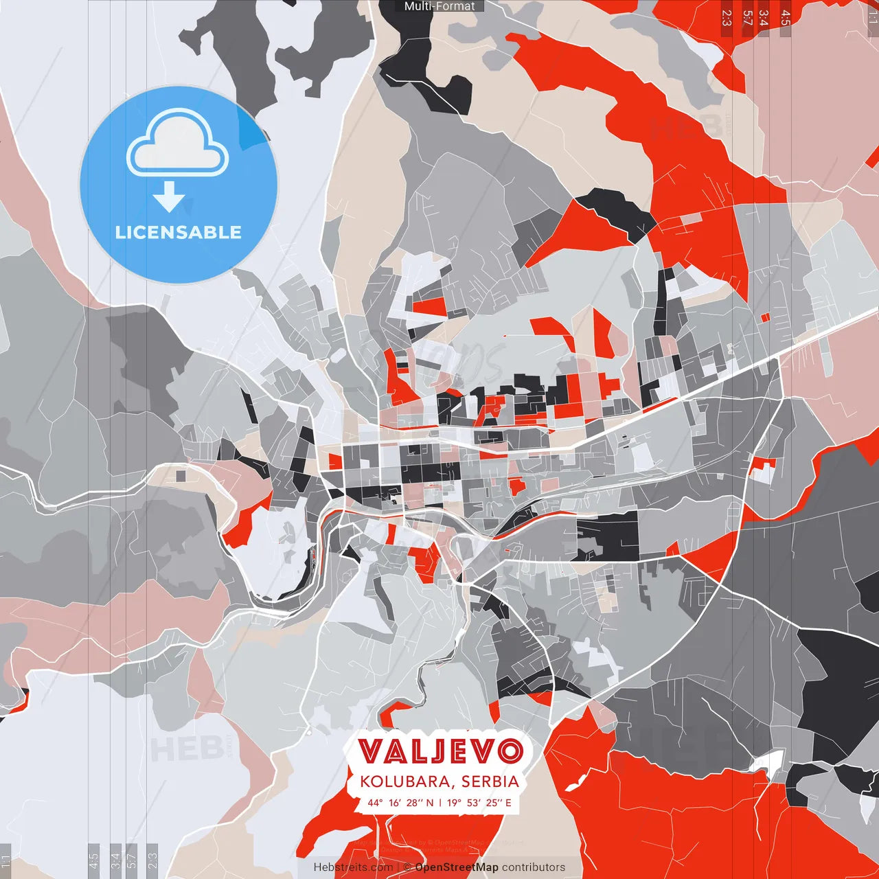 Valjevo, Kolubara, Serbia - modern street map poster template with gray and red tones