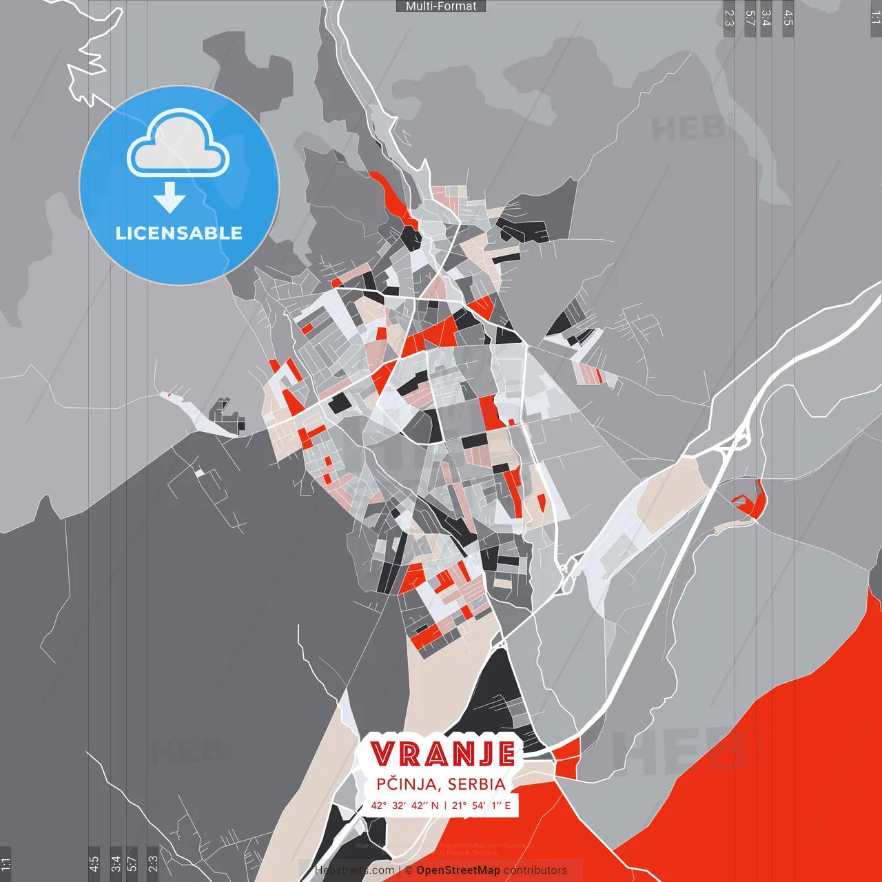 Vranje, Pčinja, Serbia - modern street map poster template with gray and red tones
