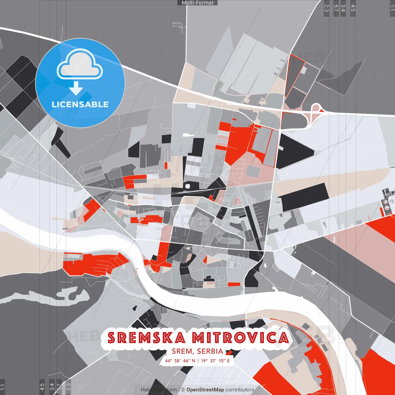 Sremska Mitrovica, Srem, Serbia - modern street map poster template with gray and red tones