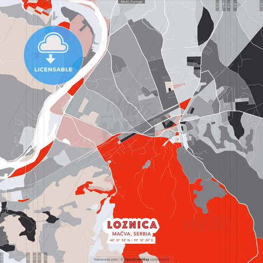 Loznica, Mačva, Serbia - modern street map poster template with gray and red tones
