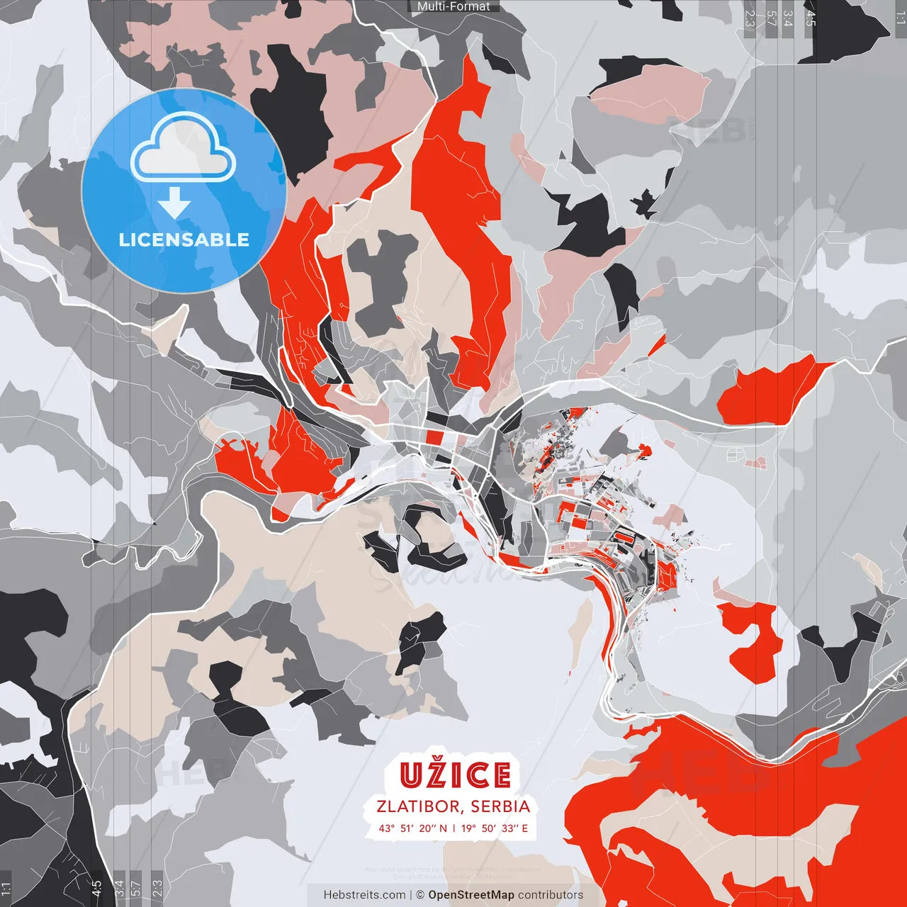 Užice, Zlatibor, Serbia - modern street map poster template with gray and red tones