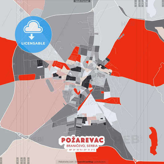 Požarevac, Braničevo, Serbia - modern street map poster template with gray and red tones