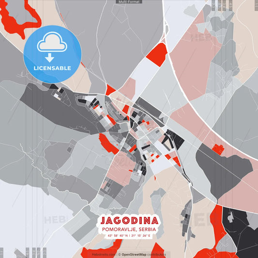 Jagodina, Pomoravlje, Serbia - modern street map poster template with gray and red tones