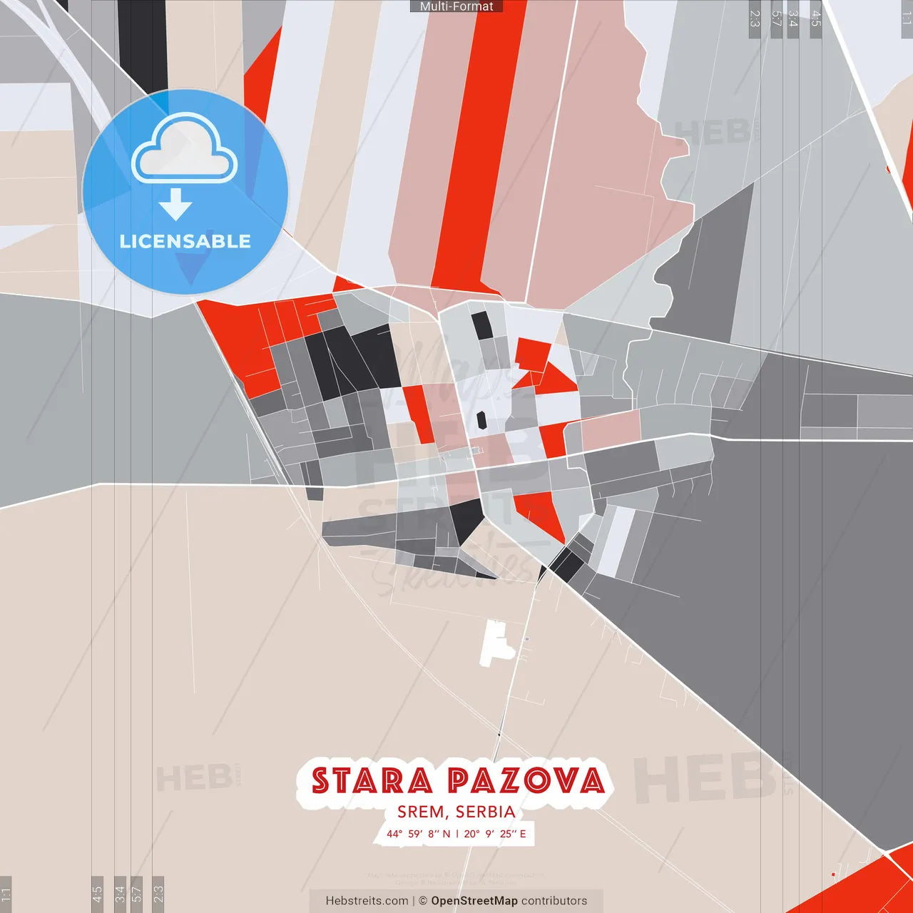 Stara Pazova, Srem, Serbia - modern street map poster template with gray and red tones