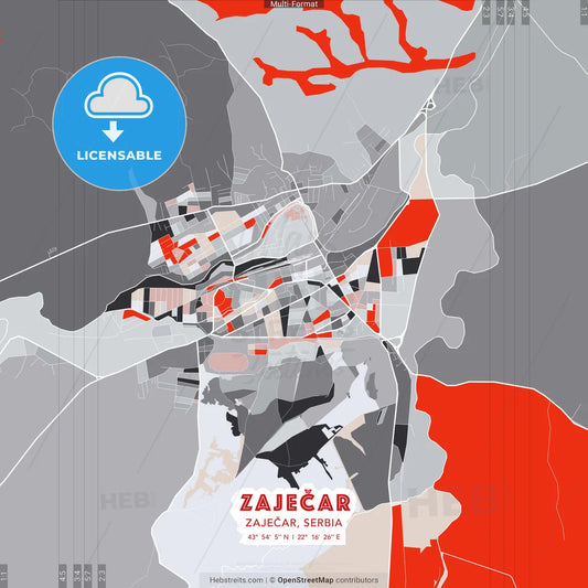 Zaječar, Zaječar, Serbia - modern street map poster template with gray and red tones