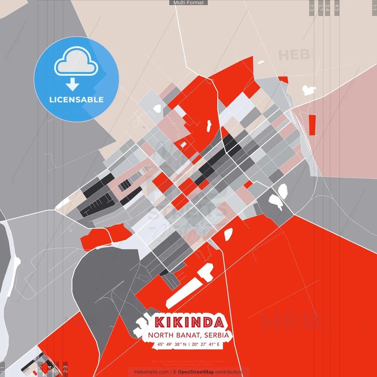 Kikinda, North Banat, Serbia - modern street map poster template with gray and red tones